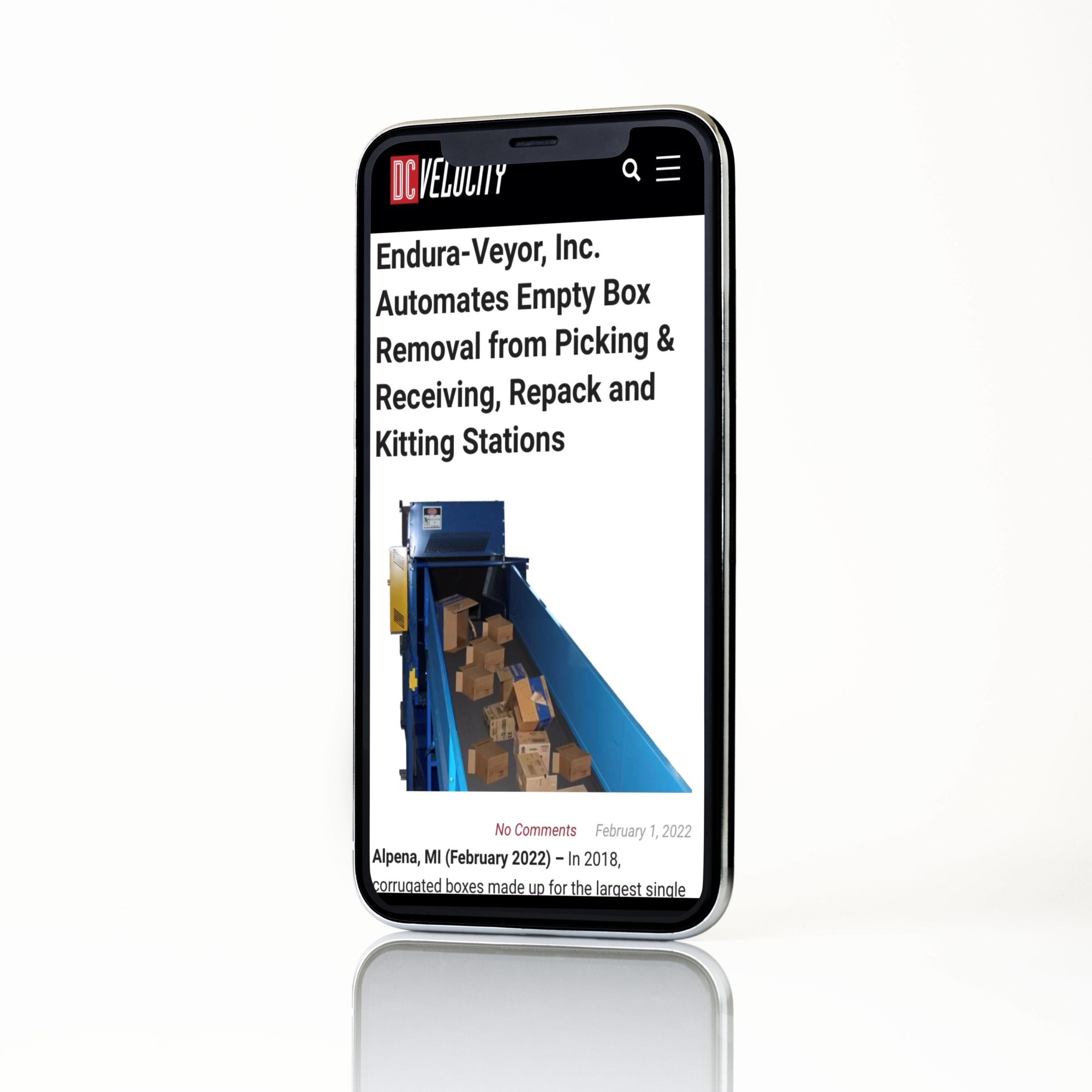 Endura-Veyor's Empty Box Removal System on DC Velocity viewed on a mobile device.